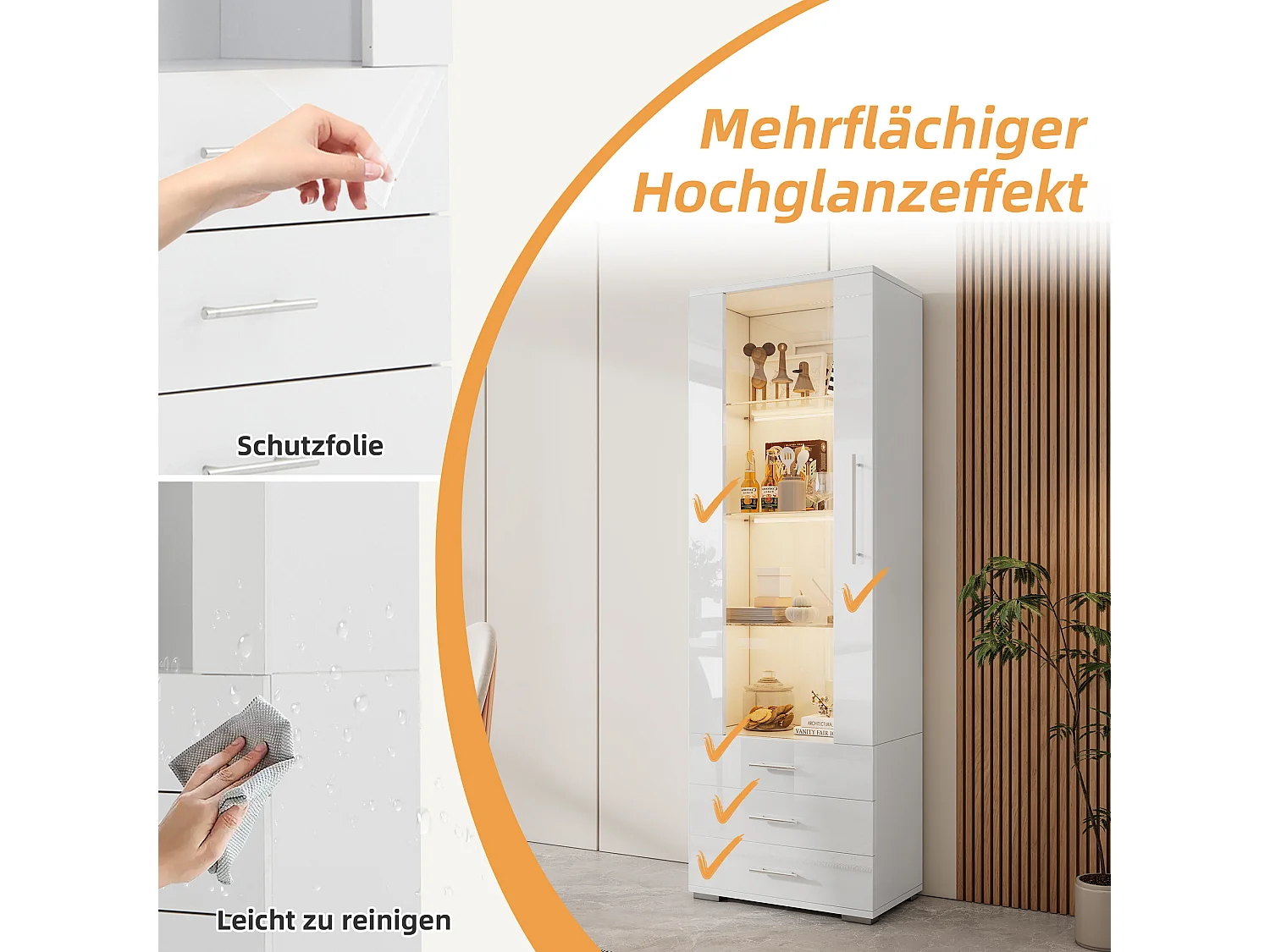 Vitrine moderne avec LED, portes en verre, 3 étagères, haute brillance, blanche (60x35x180 cm)