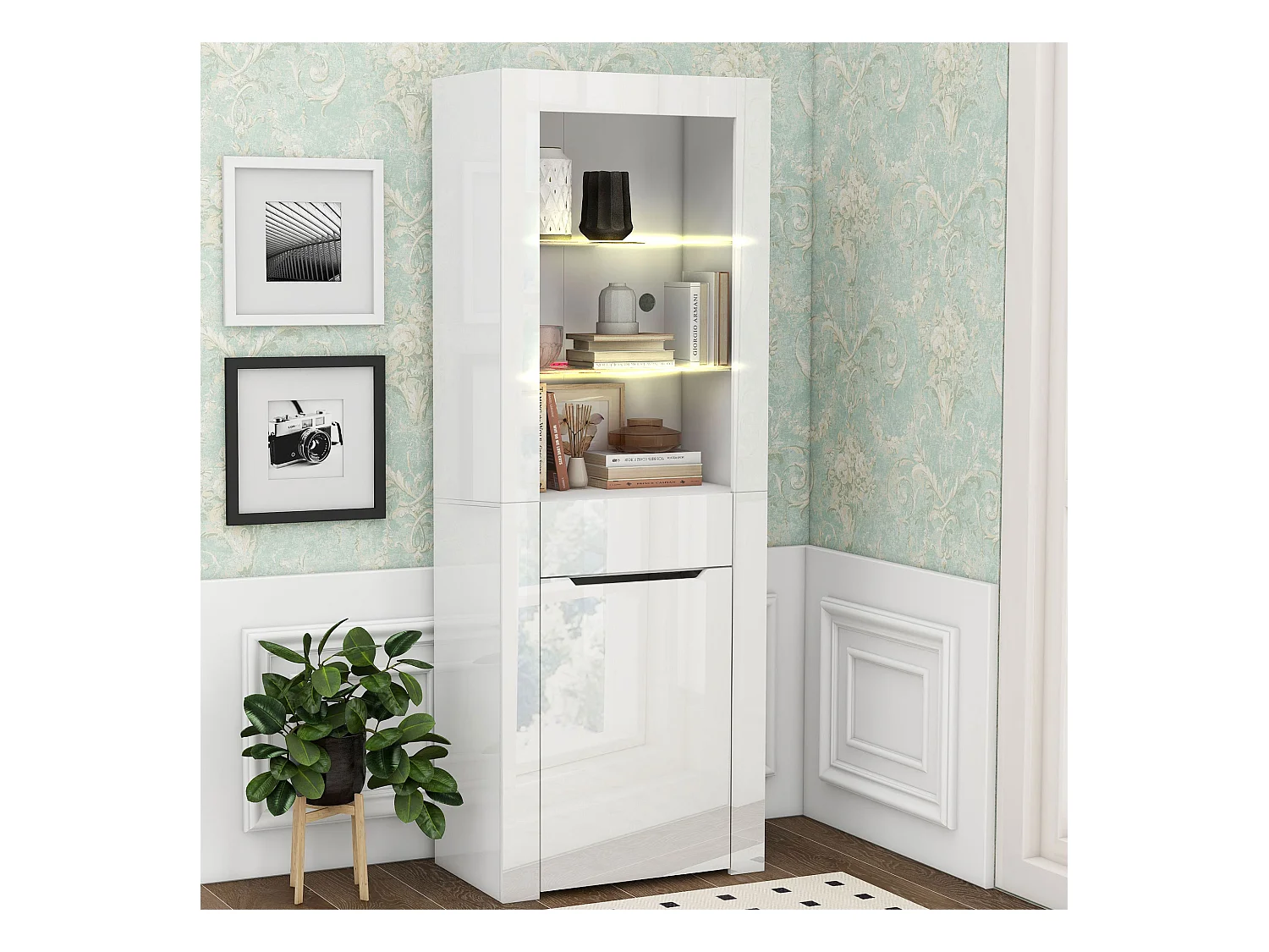 Vitrine LED, multifonction, 2 portes, 2 tiroirs, bois et métal, blanc (60x35.5x165 cm)