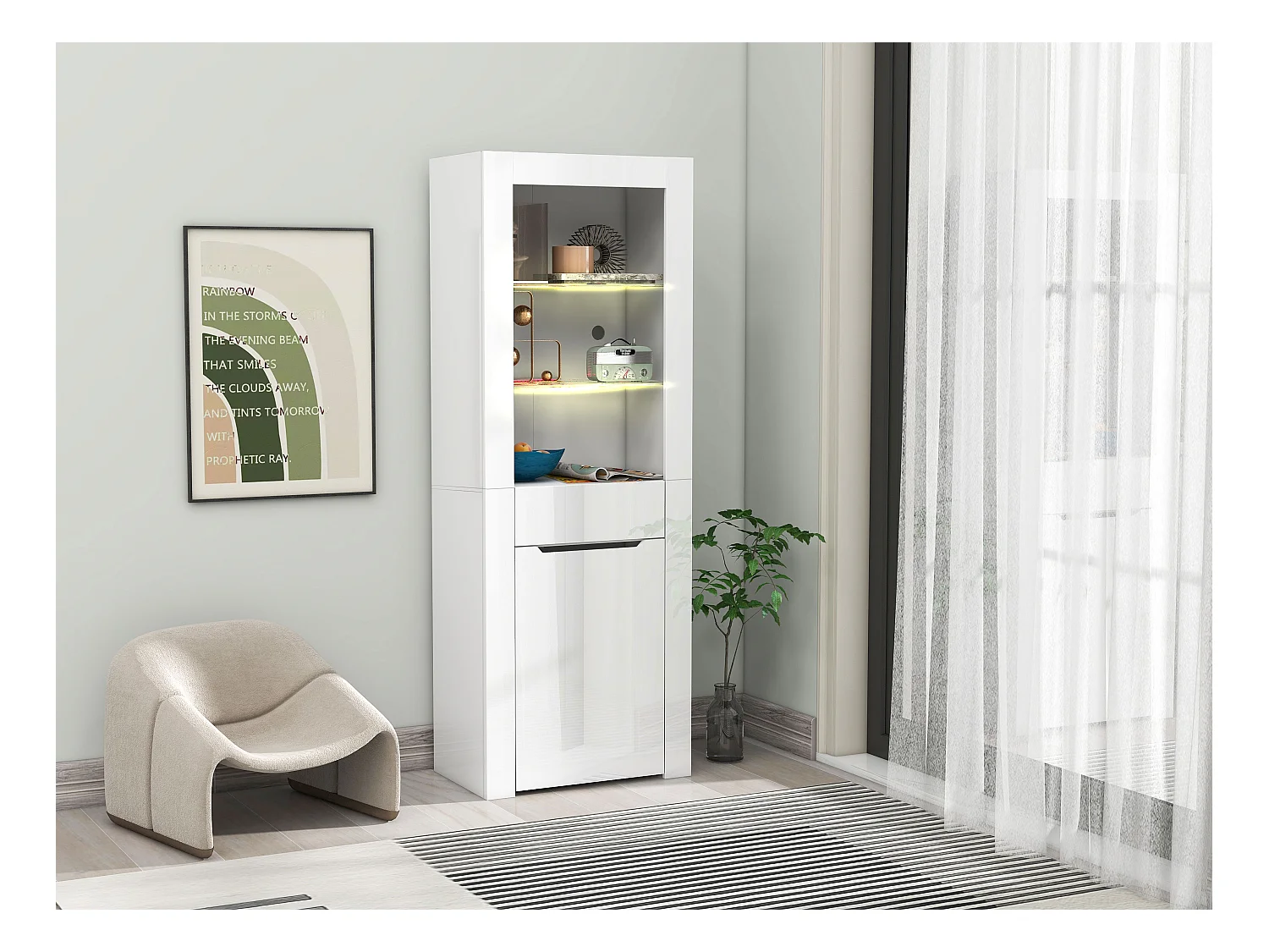 Vitrine LED, multifonction, 2 portes, 2 tiroirs, bois et métal, blanc (60x35.5x165 cm)