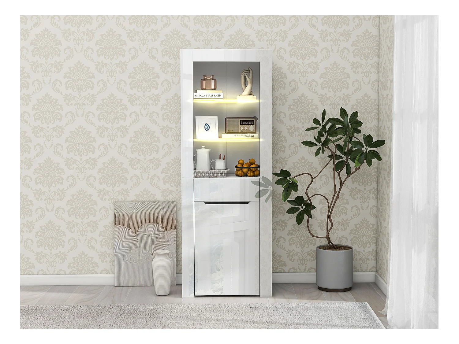 Vitrine LED, multifonction, 2 portes, 2 tiroirs, bois et métal, blanc (60x35.5x165 cm)