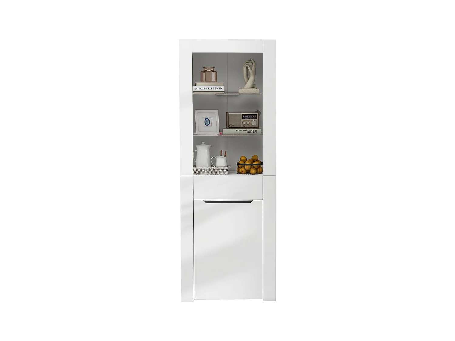 Vitrine LED, multifonction, 2 portes, 2 tiroirs, bois et métal, blanc (60x35.5x165 cm)