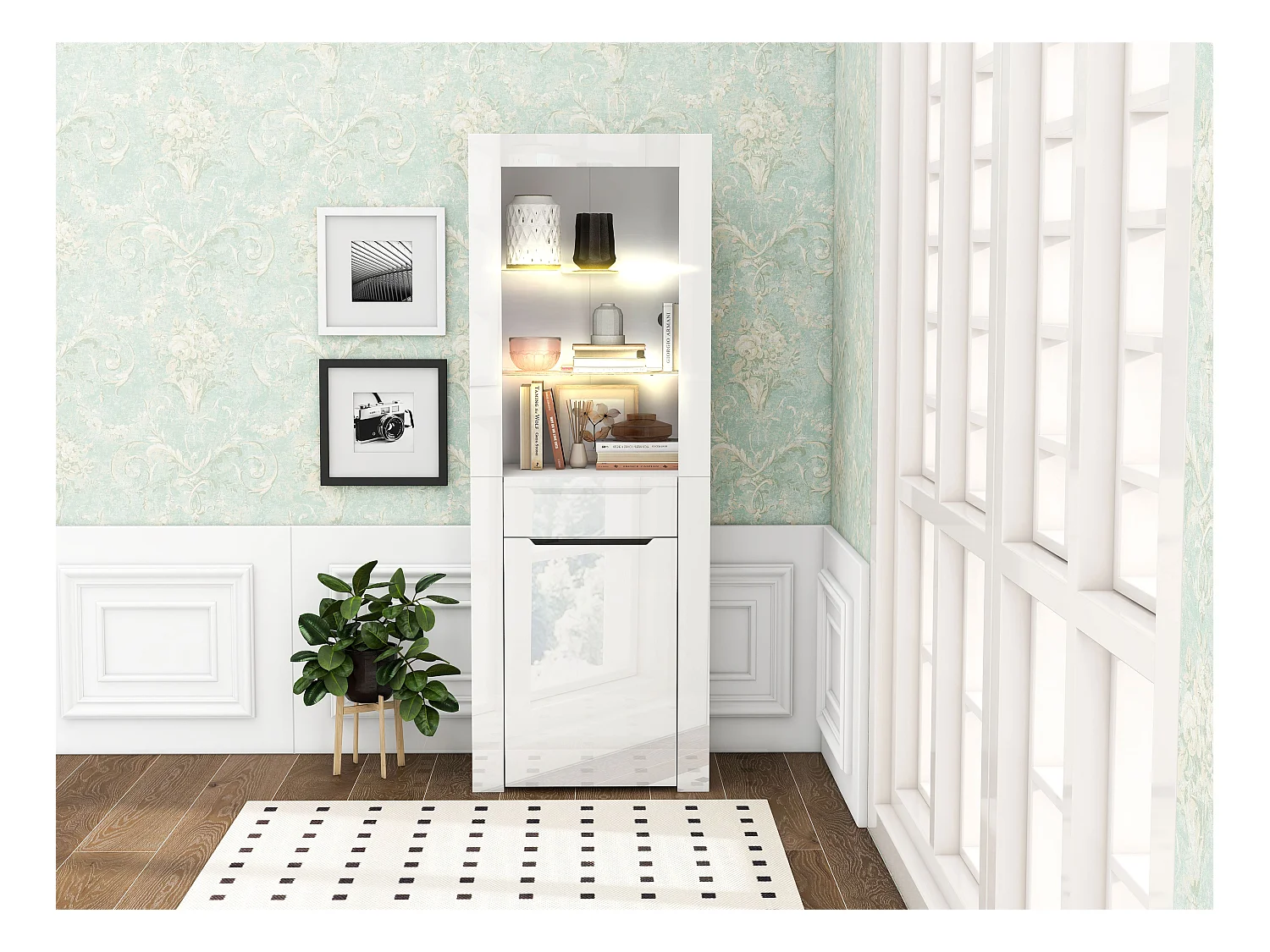 Vitrine LED, multifonction, 2 portes, 2 tiroirs, bois et métal, blanc (60x35.5x165 cm)