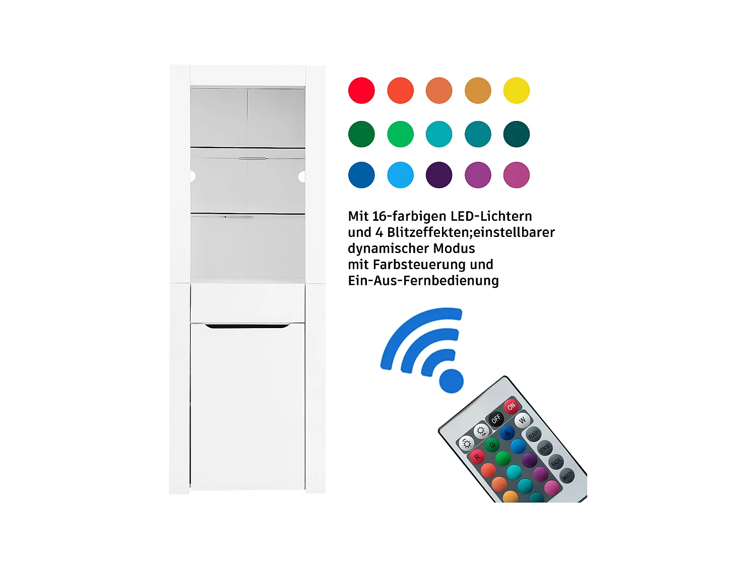 Vitrine LED, multifonction, 2 portes, 2 tiroirs, bois et métal, blanc (60x35.5x165 cm)