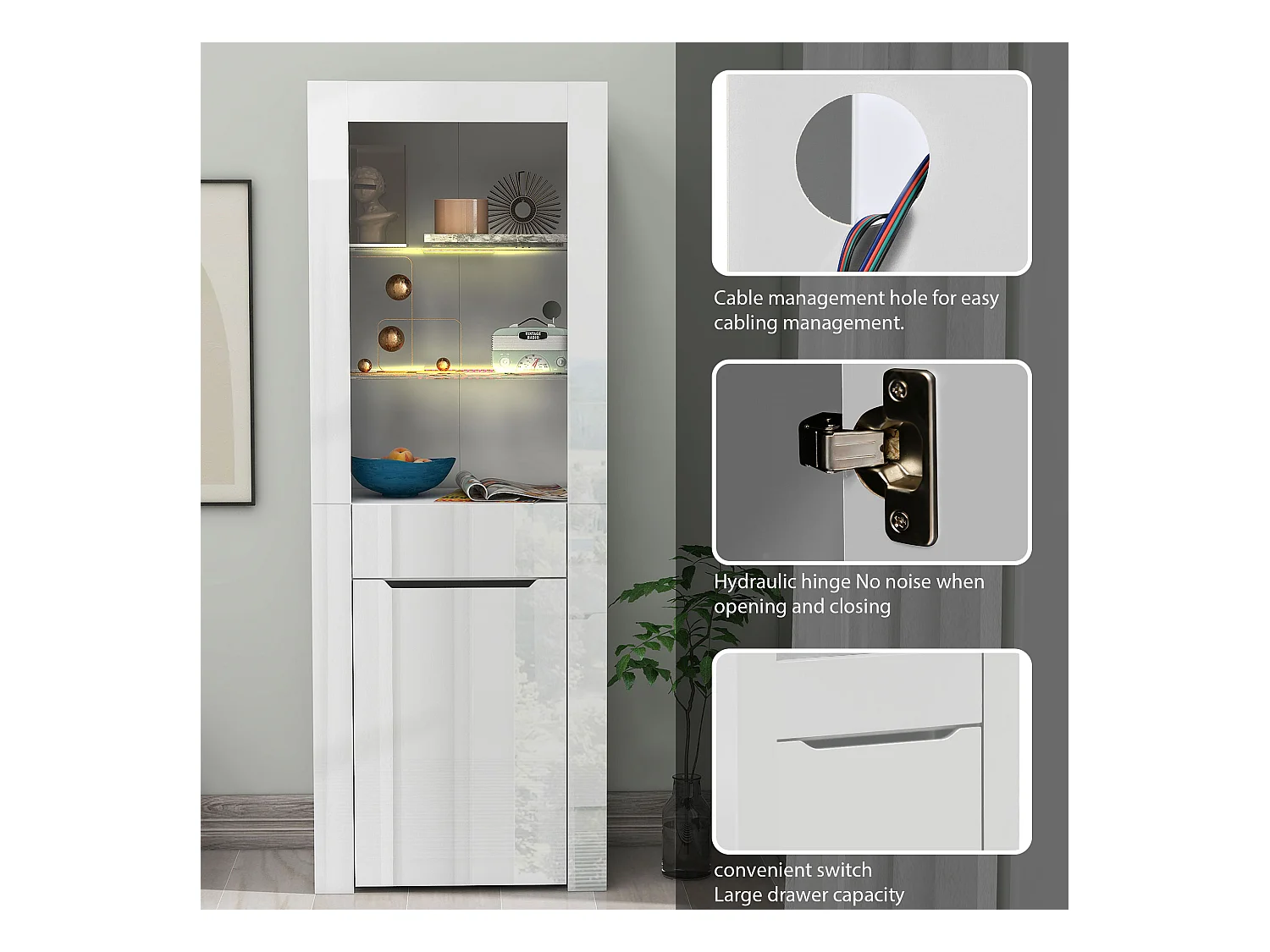 Vitrine LED, multifonction, 2 portes, 2 tiroirs, bois et métal, blanc (60x35.5x165 cm)