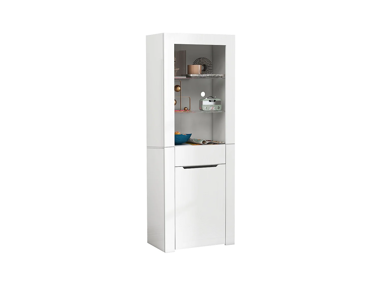 Vitrine LED, multifonction, 2 portes, 2 tiroirs, bois et métal, blanc (60x35.5x165 cm)