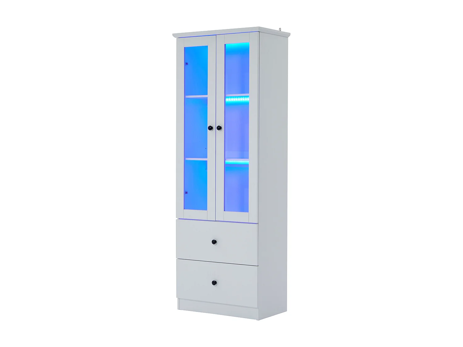 Vitrina LED moderna, 2 cajones, puertas de cristal, estantes regulables, diseño elegante, MDF, blanco (60x35,5x165 cm)