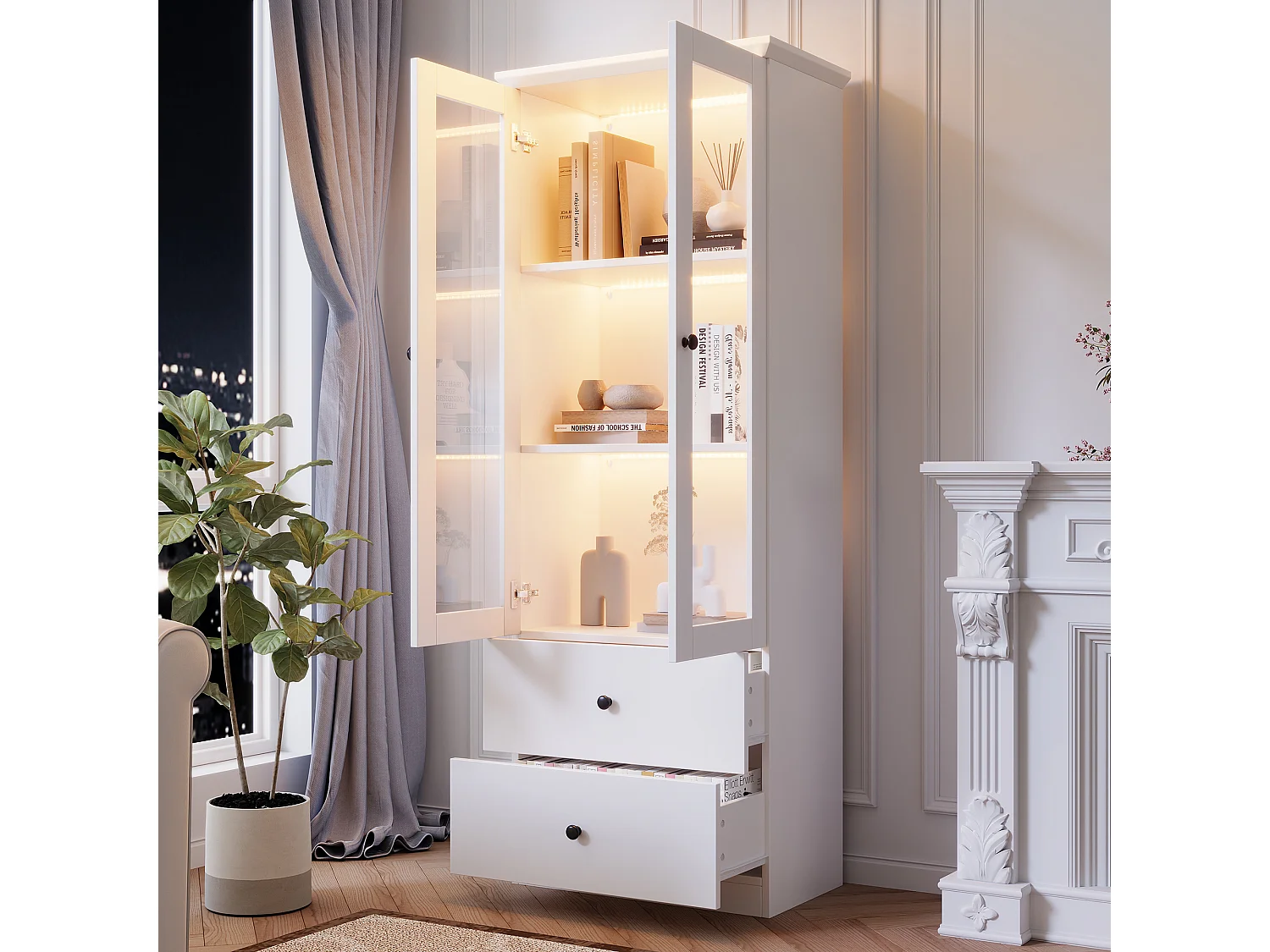 Vitrina LED moderna, 2 cajones, puertas de cristal, estantes regulables, diseño elegante, MDF, blanco (60x35,5x165 cm)