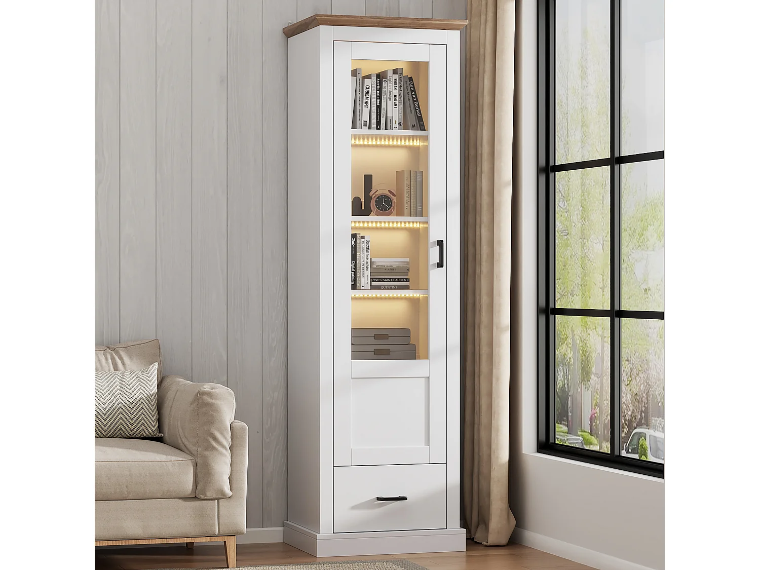 Vitrine LED moderne, 5 étagères, 1 tiroir, MDF, blanc, avec USB et 16 couleurs (50x35.5x178 cm)