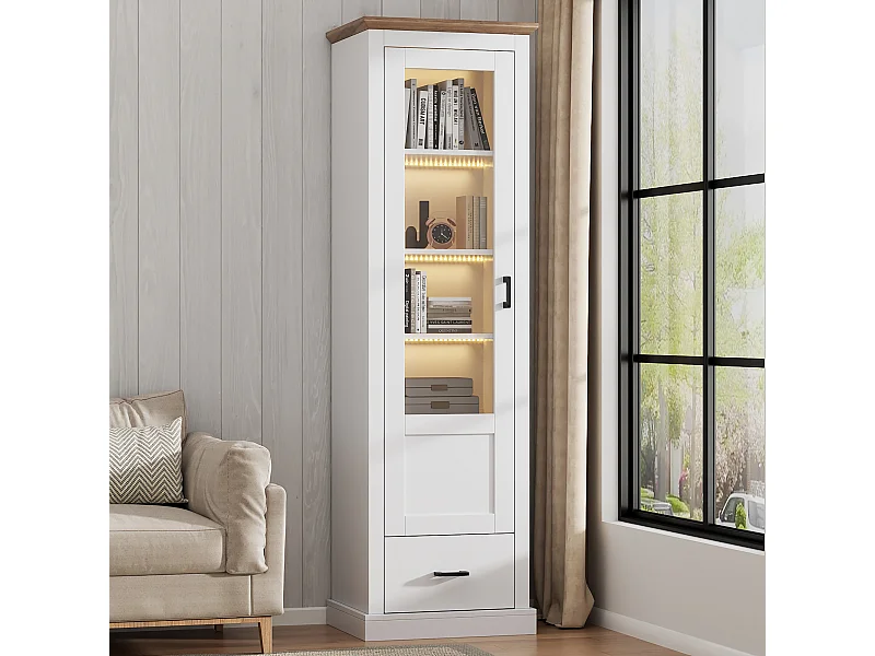 Vitrina LED moderna, 5 estantes, 1 cajón, MDF, blanco, con USB y 16 colores (50x35,5x178 cm)