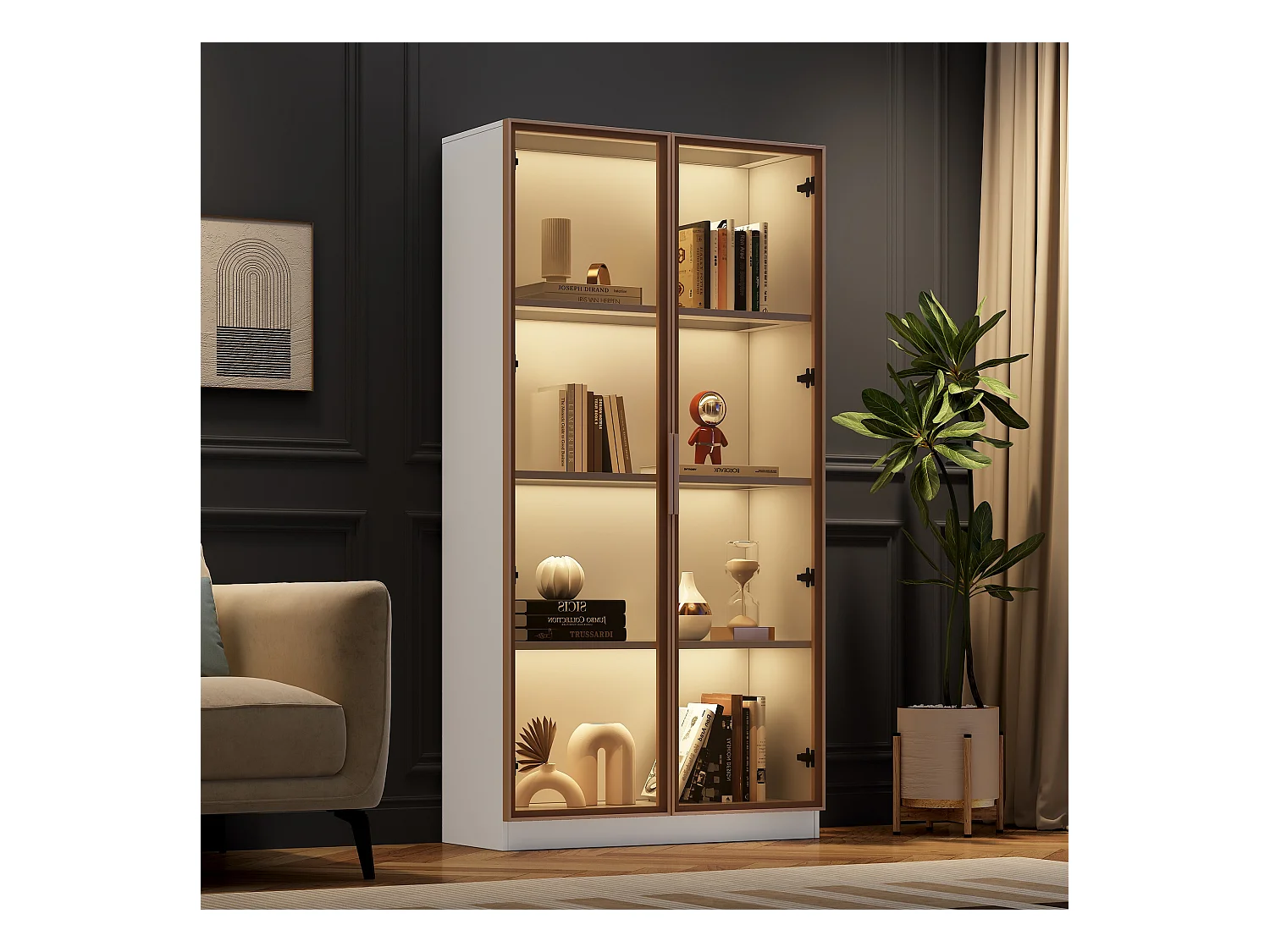 Vitrine en Verre avec 16 Couleurs LED, 2 Portes, Étagères Réglables, MDF, Blanc, (80x40x160 cm)