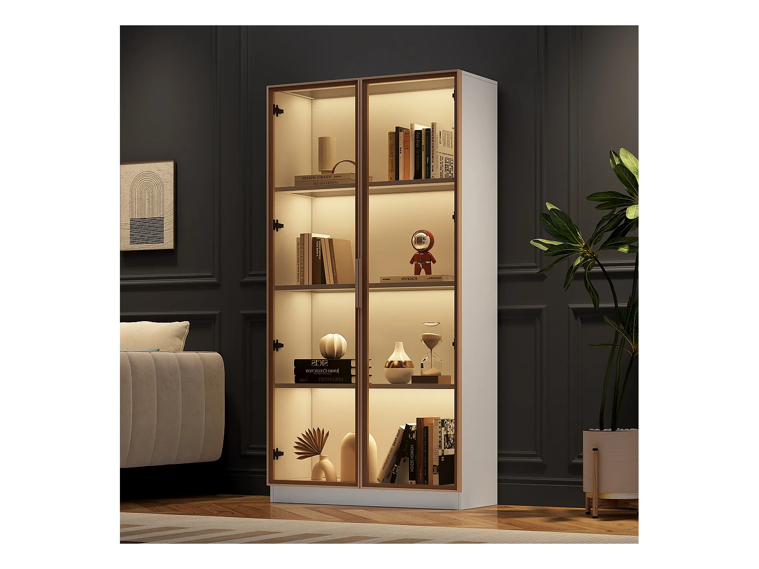 Vitrine en Verre avec 16 Couleurs LED, 2 Portes, Étagères Réglables, MDF, Blanc, (80x40x160 cm)