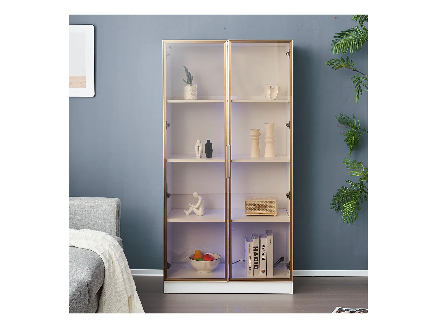 Vitrine en Verre avec 16 Couleurs LED, 2 Portes, Étagères Réglables, MDF, Blanc, (80x40x160 cm)