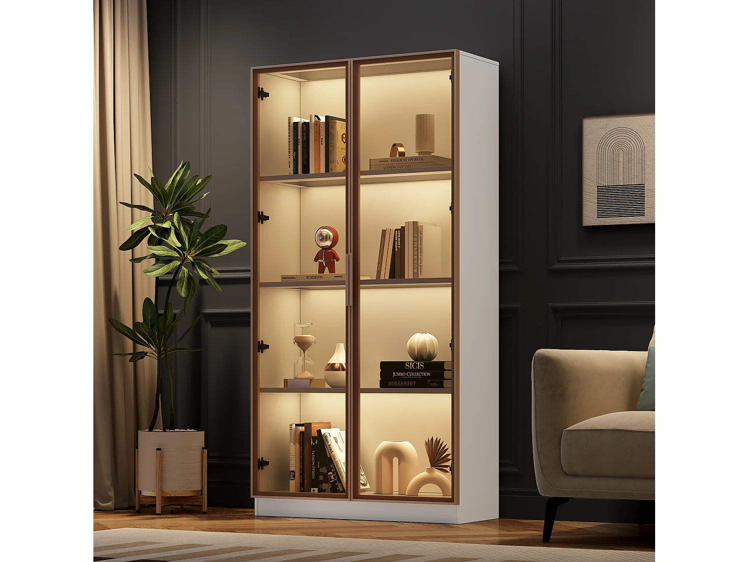 Vitrine en Verre avec 16 Couleurs LED, 2 Portes, Étagères Réglables, MDF, Blanc, (80x40x160 cm)