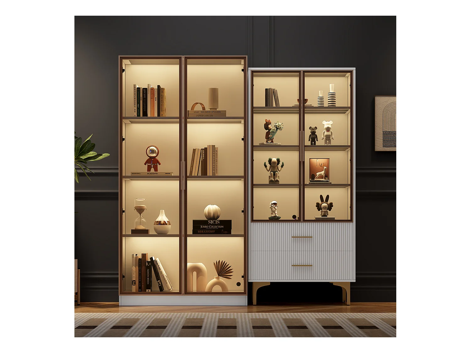 Vitrinekast met LED, 2 deuren, verstelbare planken, MDF, wit, (80x40x160 cm + 70x35x150 cm)