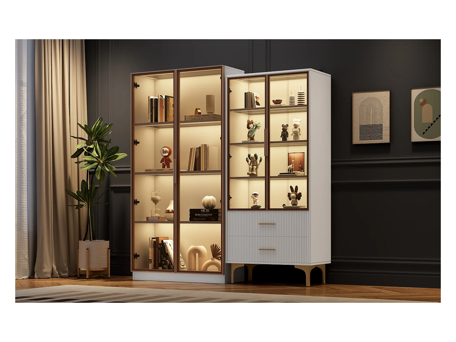 Vitrinekast met LED, 2 deuren, verstelbare planken, MDF, wit, (80x40x160 cm + 70x35x150 cm)