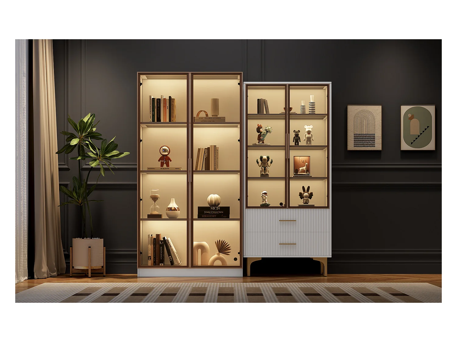 Vitrinekast met LED, 2 deuren, verstelbare planken, MDF, wit, (80x40x160 cm + 70x35x150 cm)