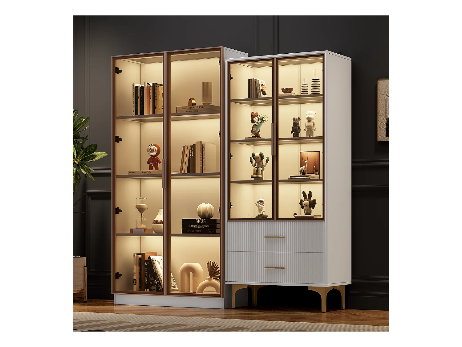 Vitrinekast met LED, 2 deuren, verstelbare planken, MDF, wit, (80x40x160 cm + 70x35x150 cm)