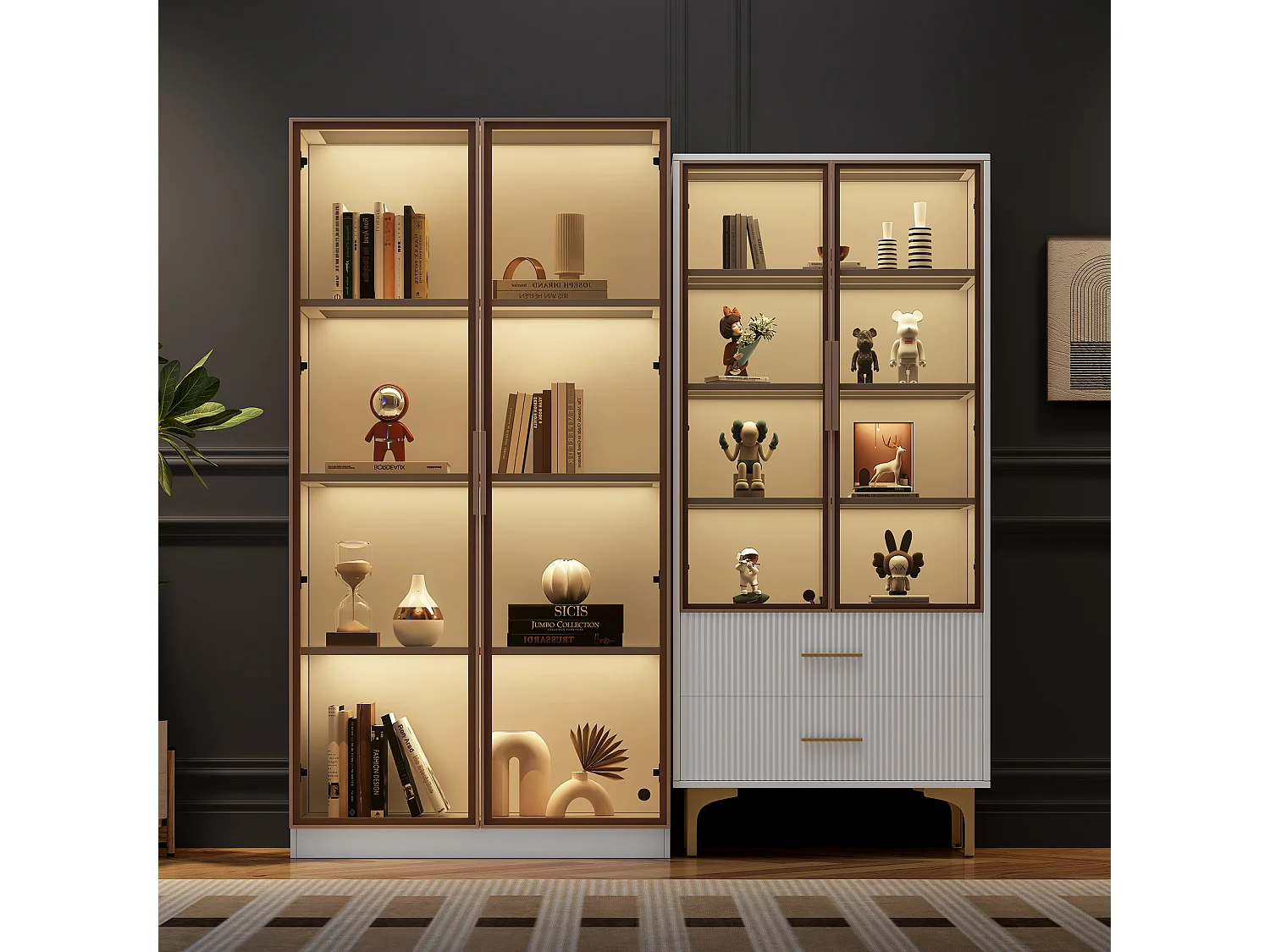 Vitrine en Verre avec LED, 2 Portes, Étagères Réglables, MDF, Blanc, (80x40x160 cm + 70x35x150 cm)