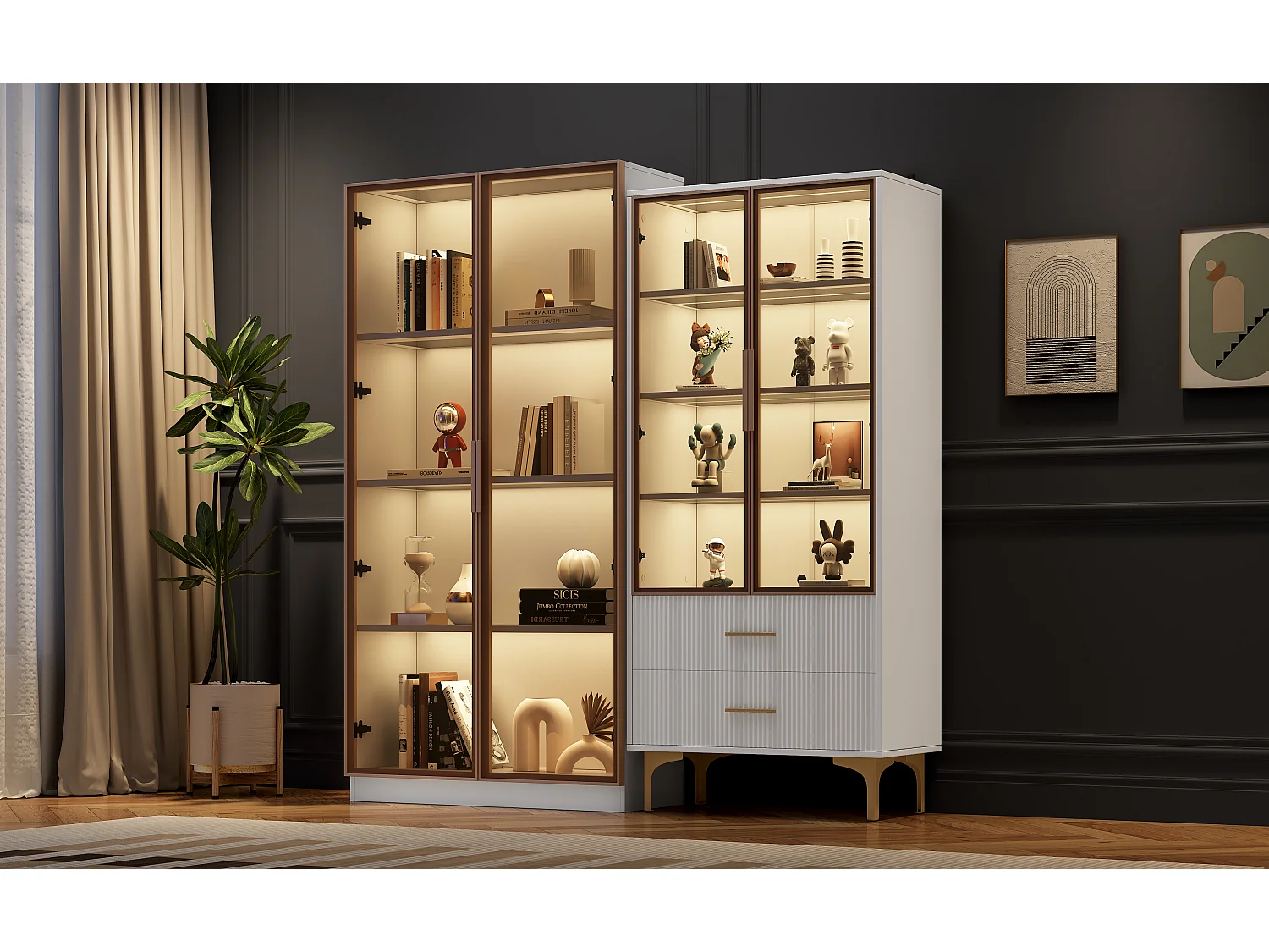 Vitrine en Verre avec LED, 2 Portes, Étagères Réglables, MDF, Blanc, (80x40x160 cm + 70x35x150 cm)