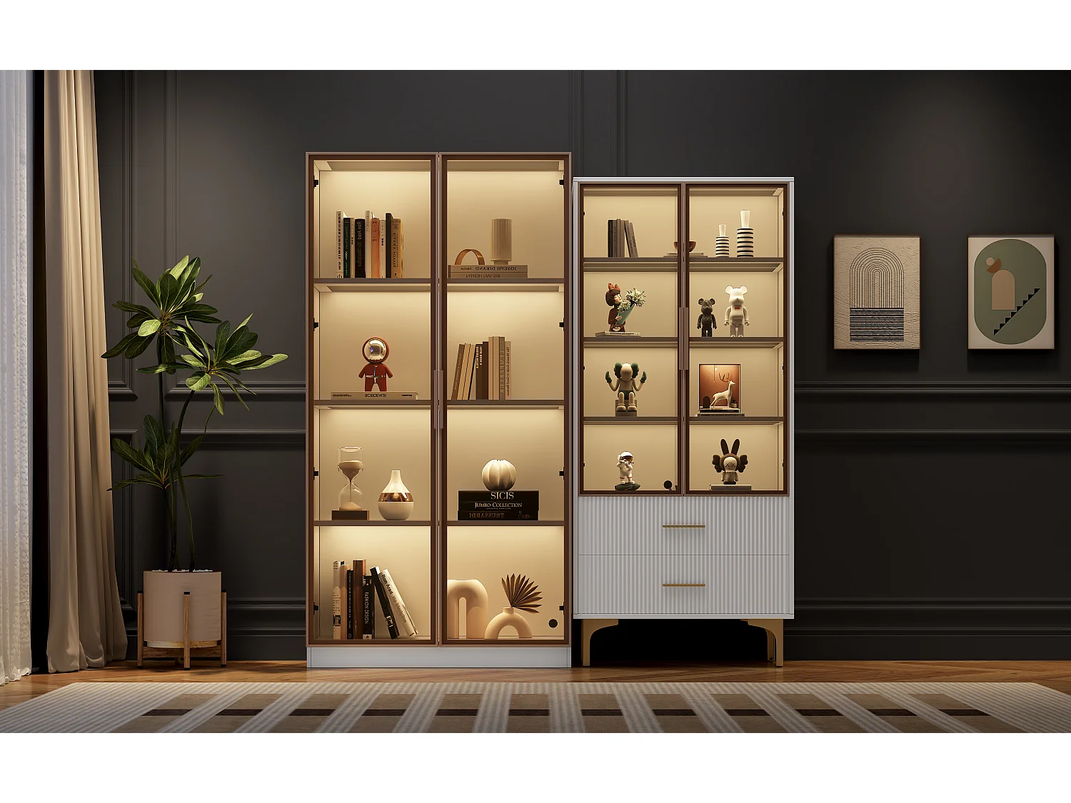 Vitrine en Verre avec LED, 2 Portes, Étagères Réglables, MDF, Blanc, (80x40x160 cm + 70x35x150 cm)