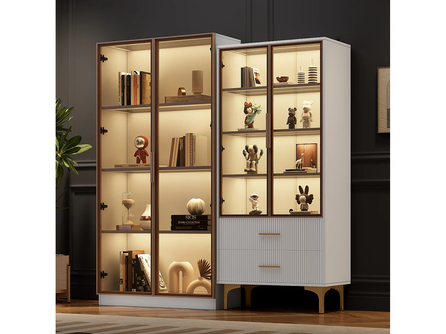 Vitrine en Verre avec LED, 2 Portes, Étagères Réglables, MDF, Blanc, (80x40x160 cm + 70x35x150 cm)