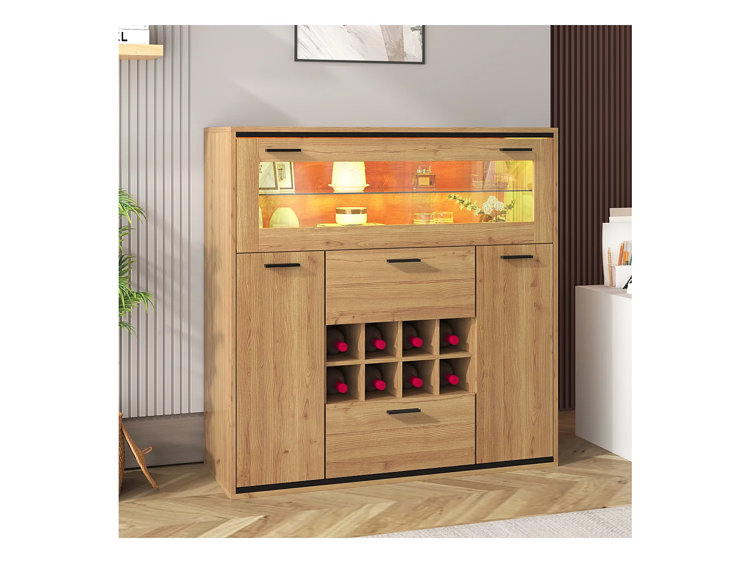 Vitrine moderne avec éclairage LED, portes en verre, étagères réglables, stockage polyvalent, MDF, bois + noir (110x38x111 cm)