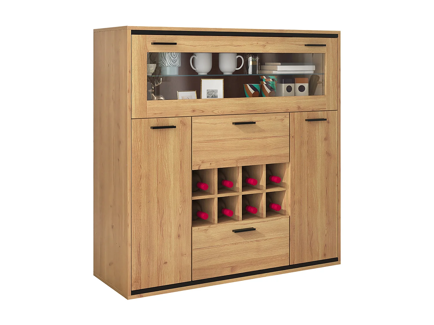 Moderne vitrinekast met ledverlichting, glazen deuren, verstelbare planken, veelzijdige opbergruimte, MDF, hout + zwart (110x38x111 cm)