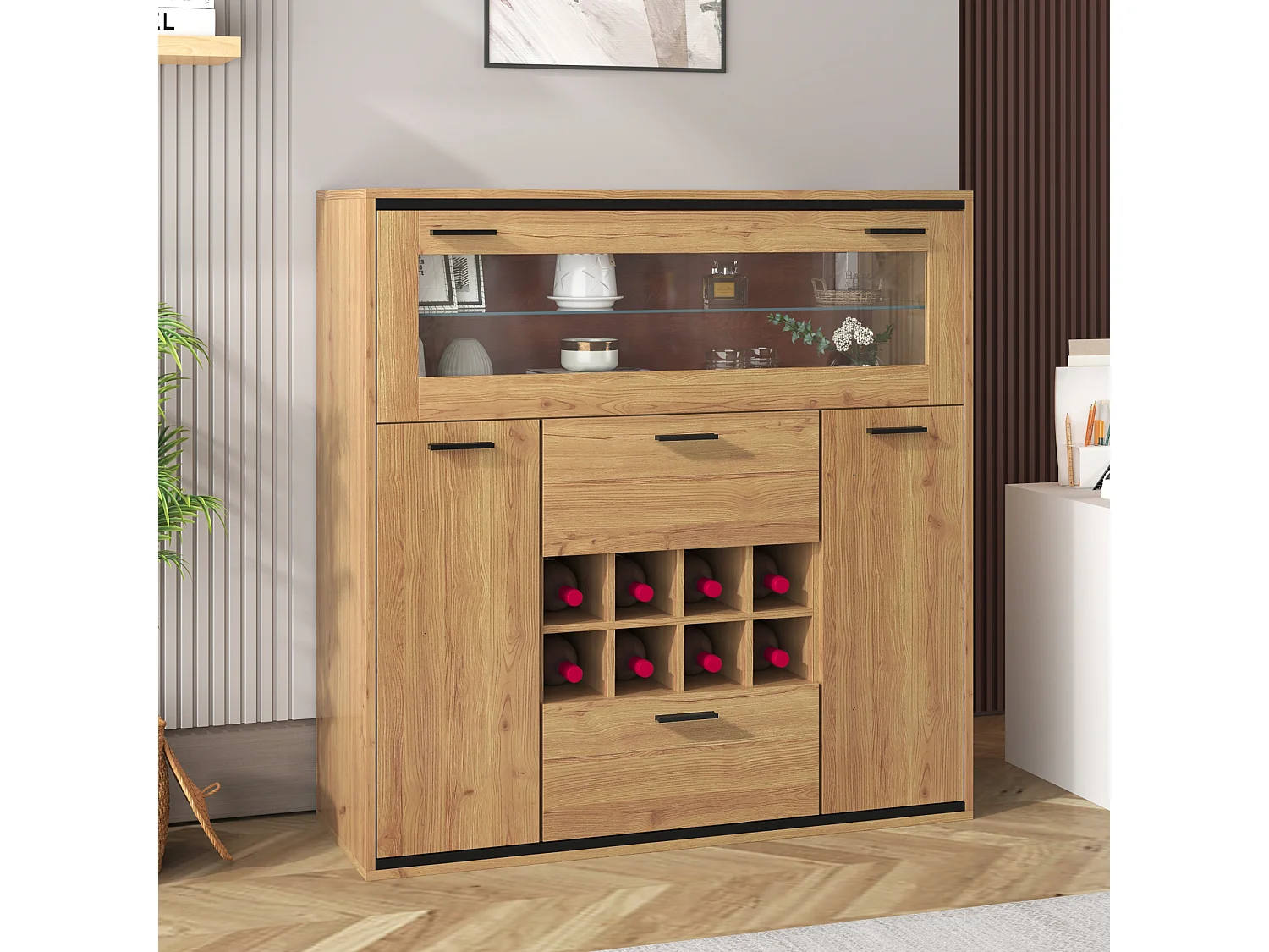 Moderne vitrinekast met ledverlichting, glazen deuren, verstelbare planken, veelzijdige opbergruimte, MDF, hout + zwart (110x38x111 cm)