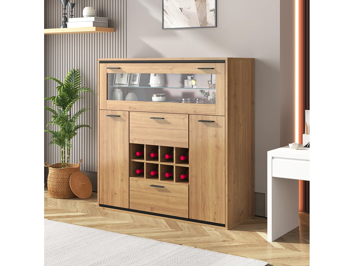 Moderne vitrinekast met ledverlichting, glazen deuren, verstelbare planken, veelzijdige opbergruimte, MDF, hout + zwart (110x38x111 cm)