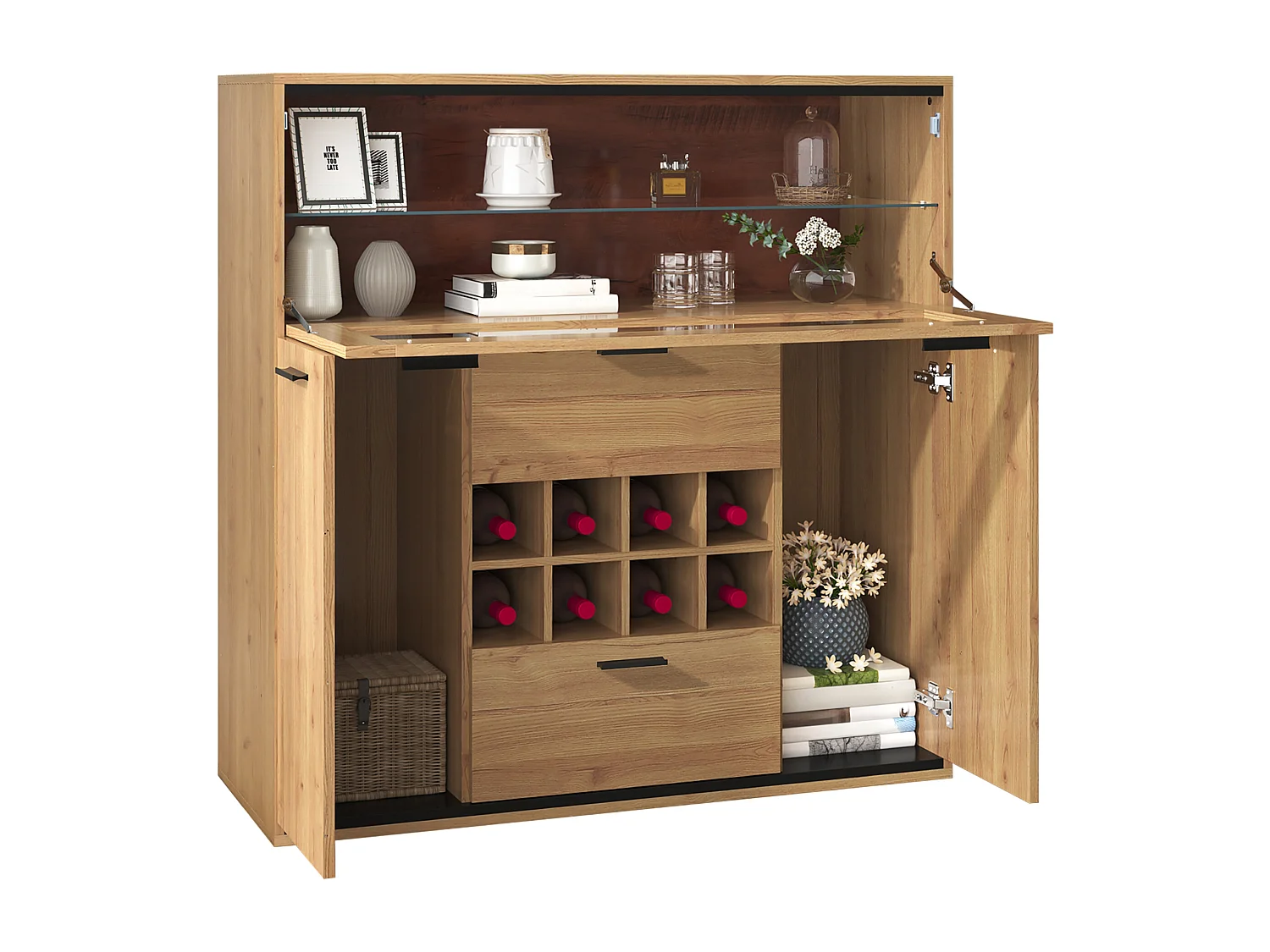 Moderne vitrinekast met ledverlichting, glazen deuren, verstelbare planken, veelzijdige opbergruimte, MDF, hout + zwart (110x38x111 cm)