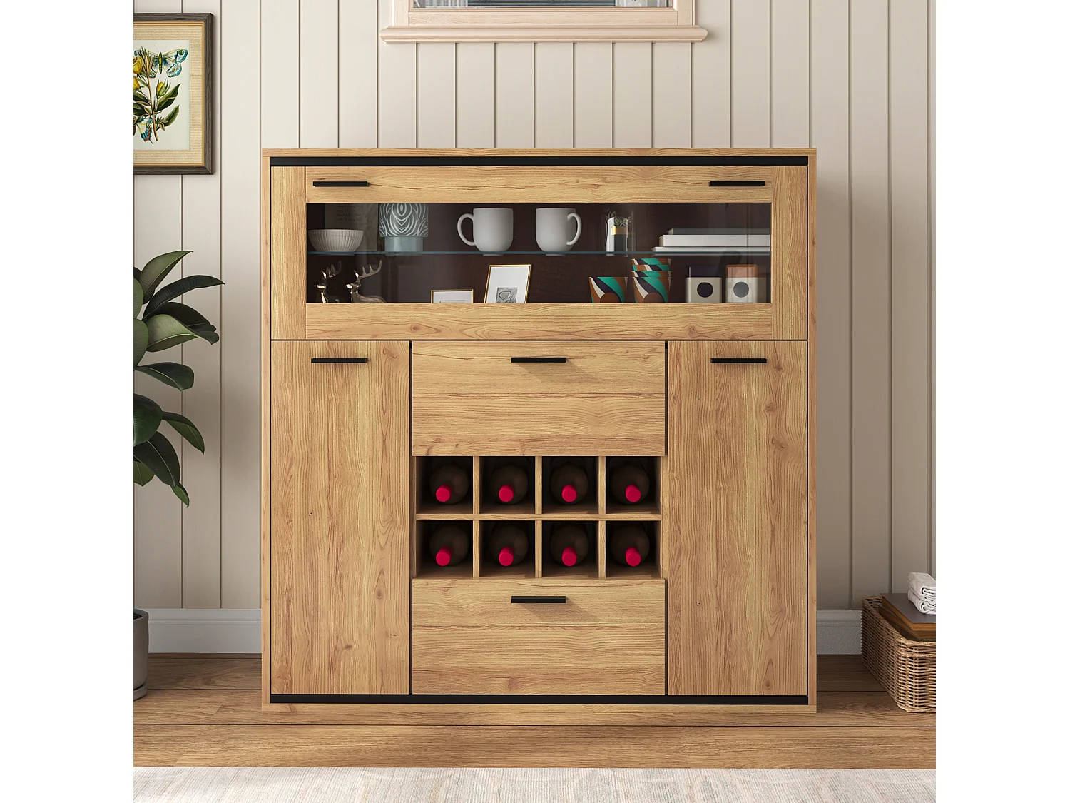 Moderne vitrinekast met ledverlichting, glazen deuren, verstelbare planken, veelzijdige opbergruimte, MDF, hout + zwart (110x38x111 cm)