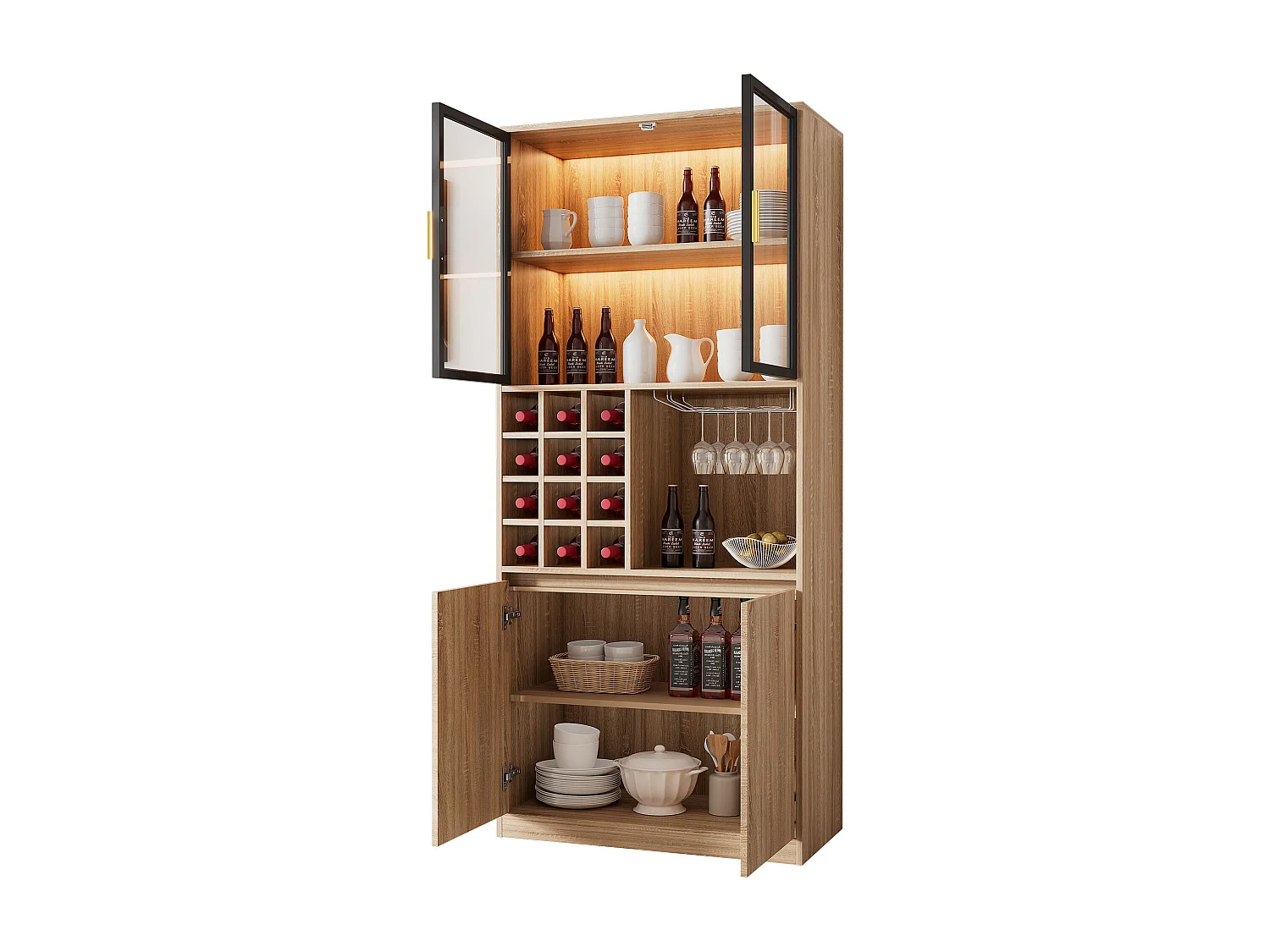 Vitrine avec éclairage LED, portes en verre, MDF, naturel (80x40x180 cm)