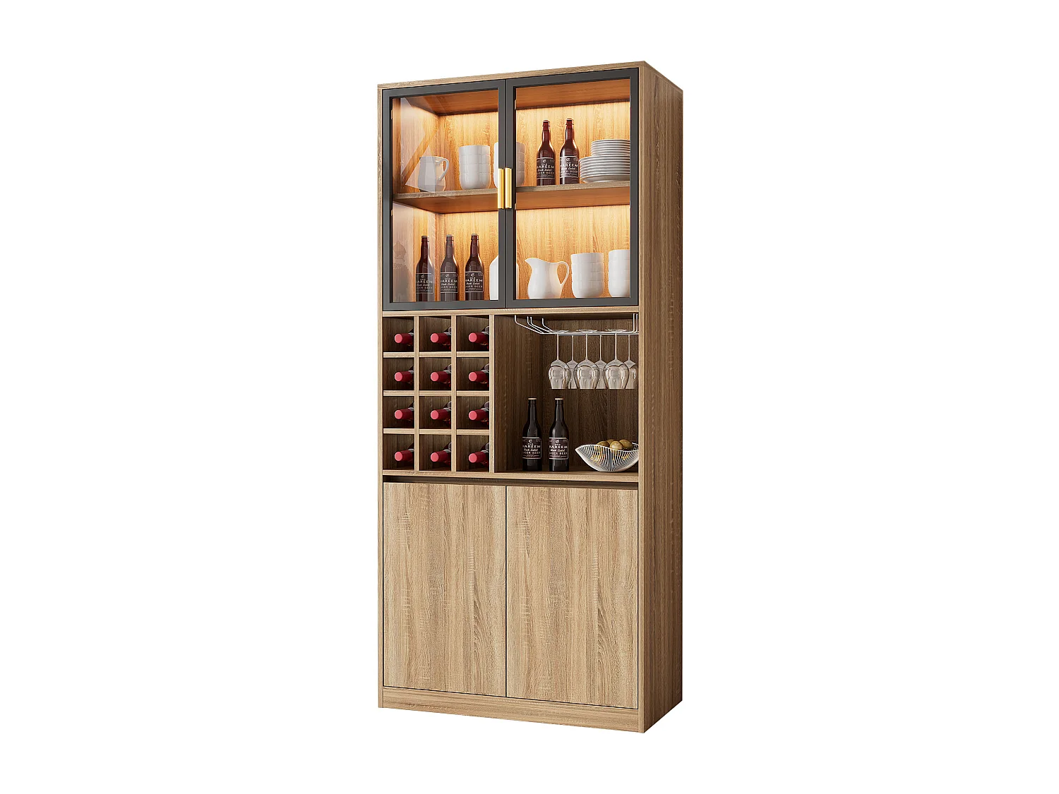 Vitrine avec éclairage LED, portes en verre, MDF, naturel (80x40x180 cm)