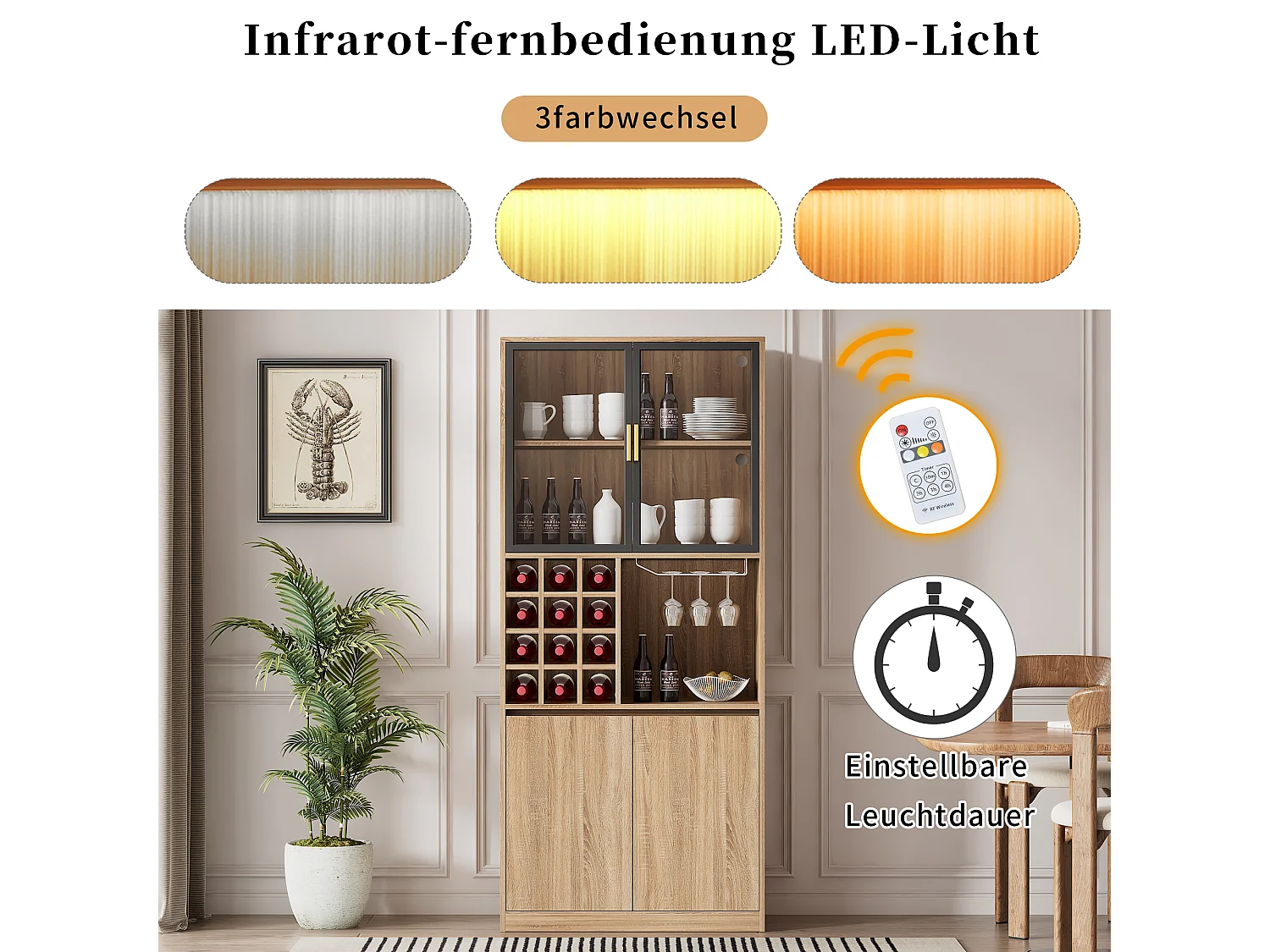 Vitrine avec éclairage LED, portes en verre, MDF, naturel (80x40x180 cm)