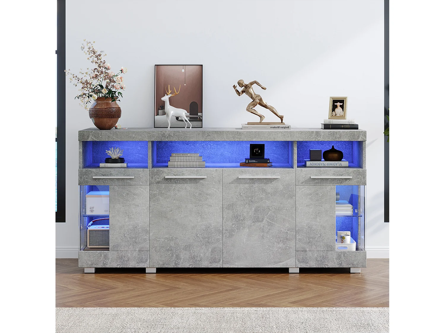 Grijs betonnen dressoir met LED, vitrinekast met glazen deur, 3 laden, 140x40x70 cm