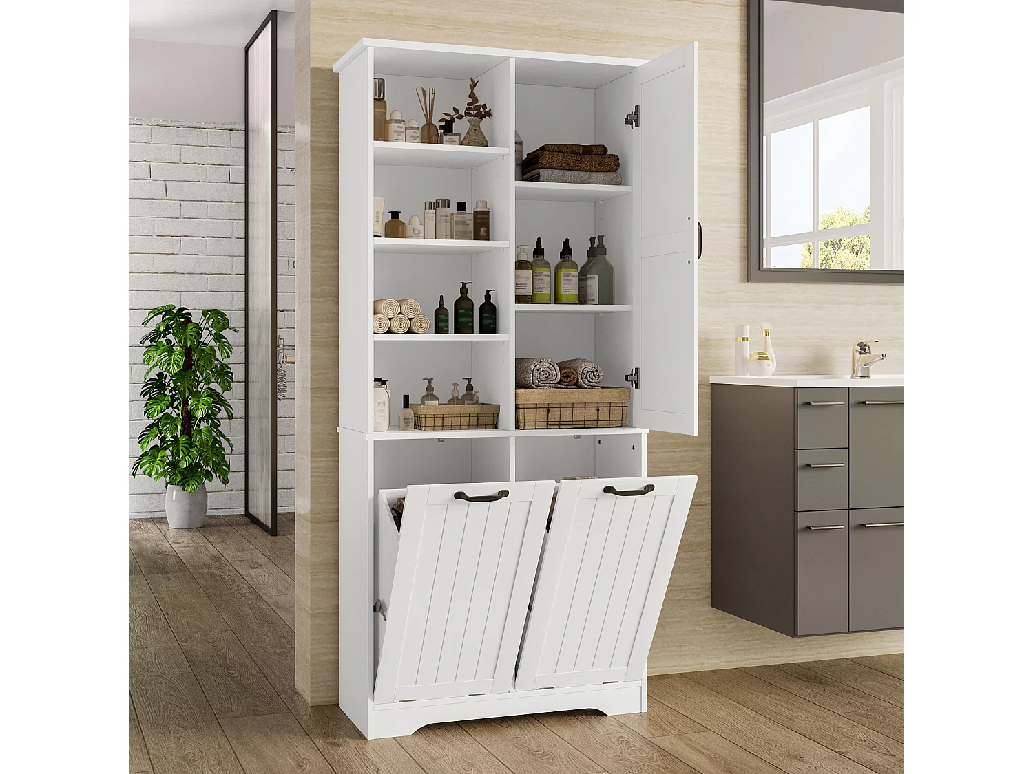 Armoire de salle de bain avec double panier à linge, MDF peint, étagères ajustables, 1 porte, blanc (78x35x172.7 cm)