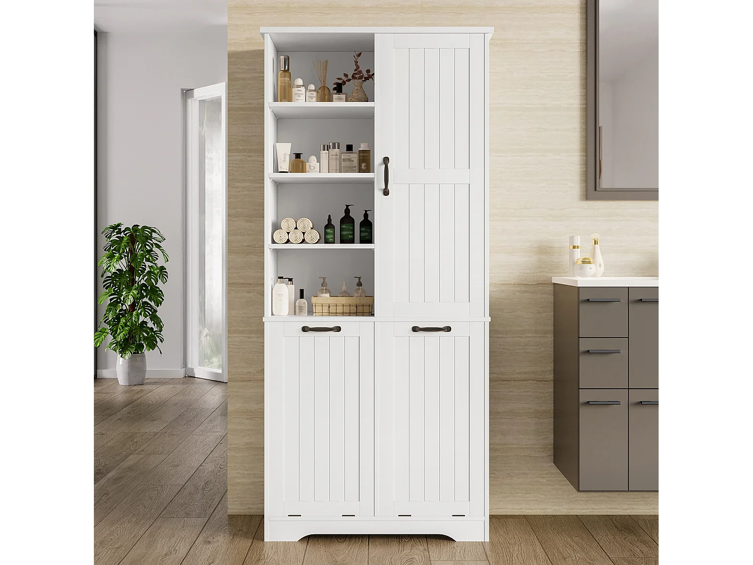Armoire de salle de bain avec double panier à linge, MDF peint, étagères ajustables, 1 porte, blanc (78x35x172.7 cm)