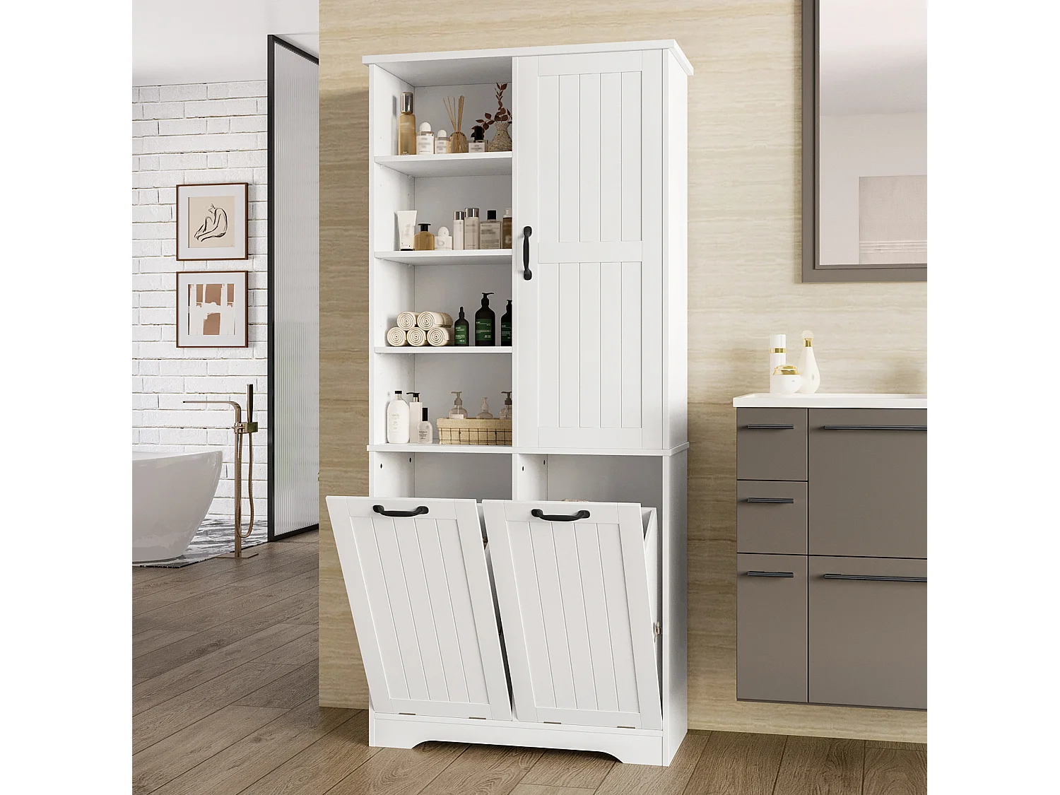 Armoire de salle de bain avec double panier à linge, MDF peint, étagères ajustables, 1 porte, blanc (78x35x172.7 cm)