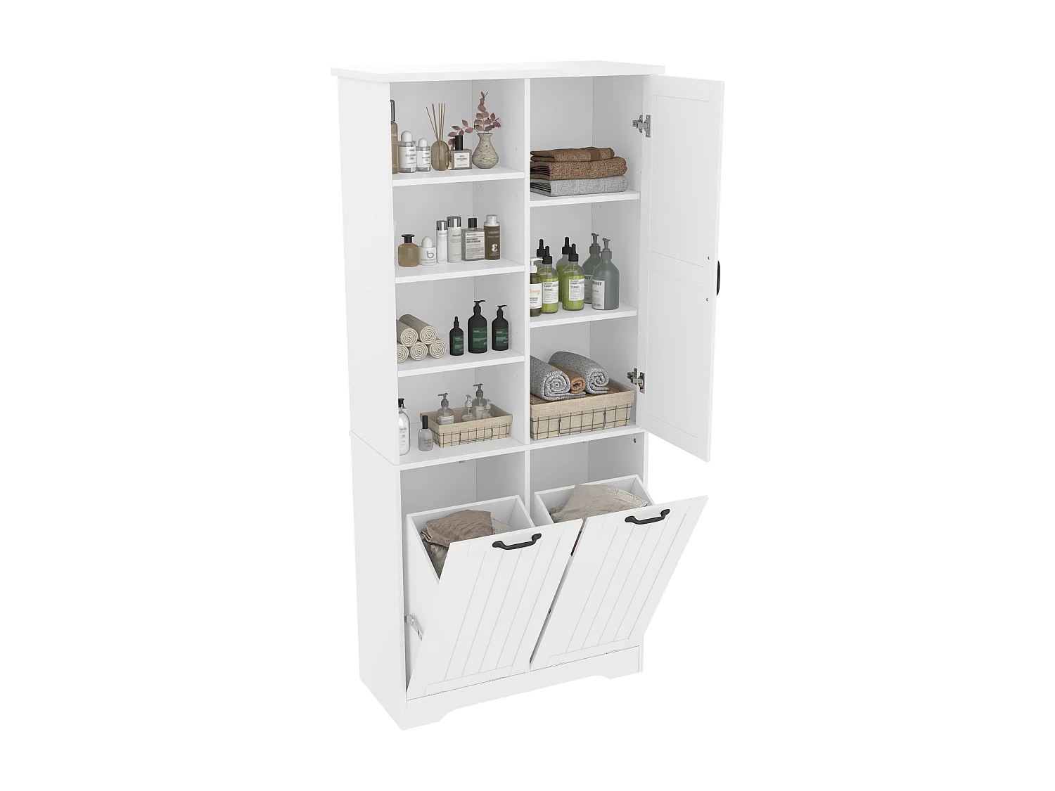 Armoire de salle de bain avec double panier à linge, MDF peint, étagères ajustables, 1 porte, blanc (78x35x172.7 cm)