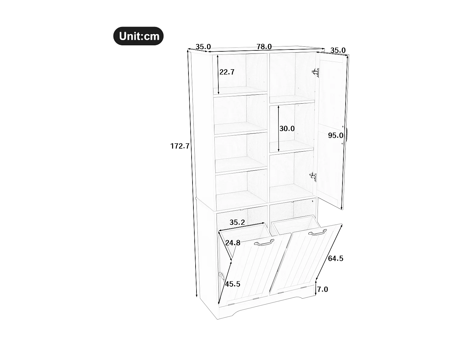 Armoire de salle de bain avec double panier à linge, MDF peint, étagères ajustables, 1 porte, blanc (78x35x172.7 cm)