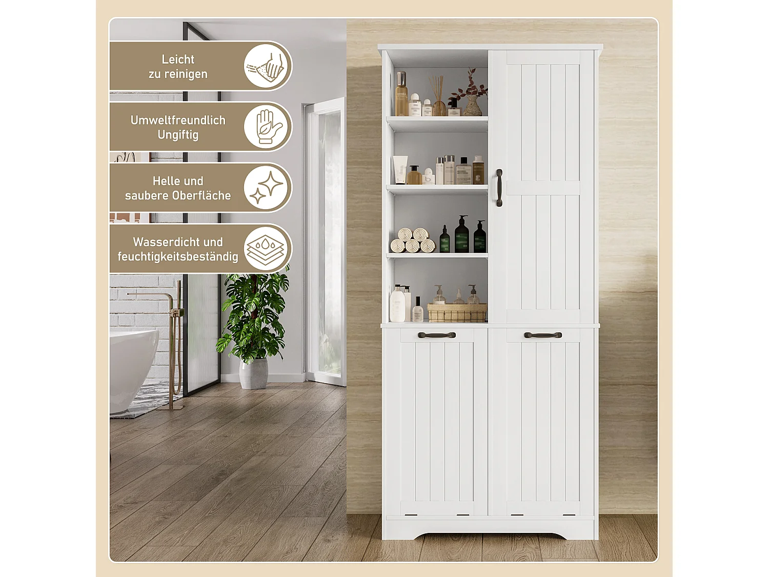 Armoire de salle de bain avec double panier à linge, MDF peint, étagères ajustables, 1 porte, blanc (78x35x172.7 cm)