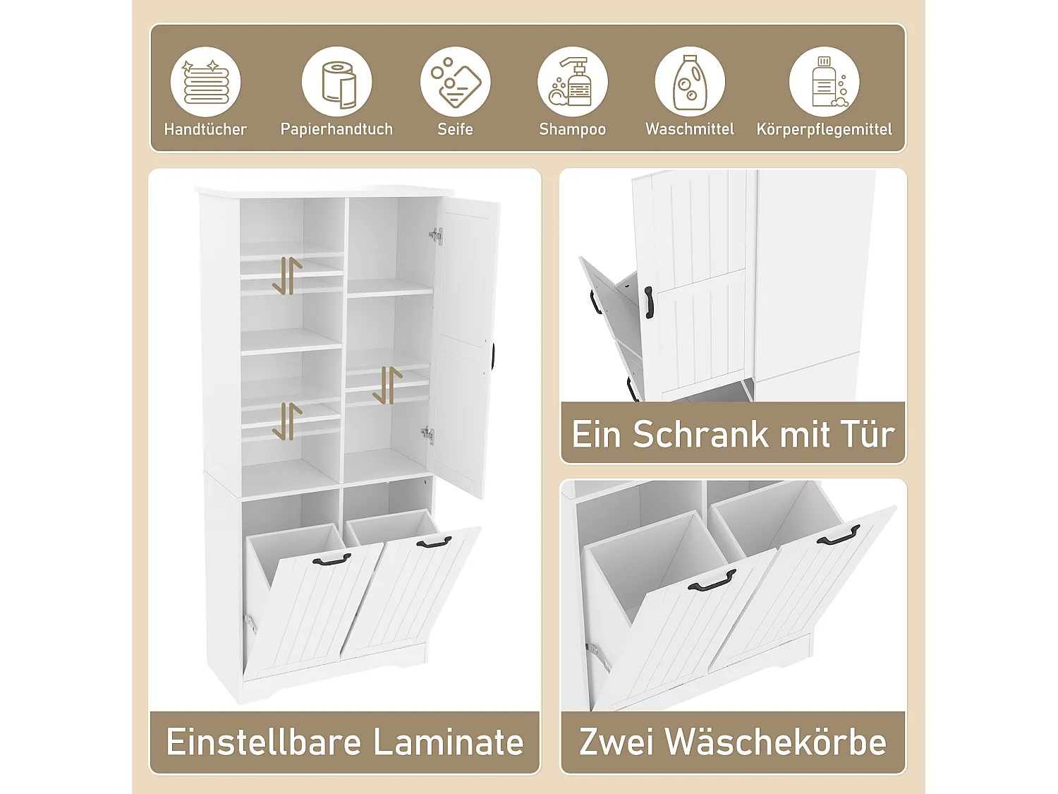 Armoire de salle de bain avec double panier à linge, MDF peint, étagères ajustables, 1 porte, blanc (78x35x172.7 cm)