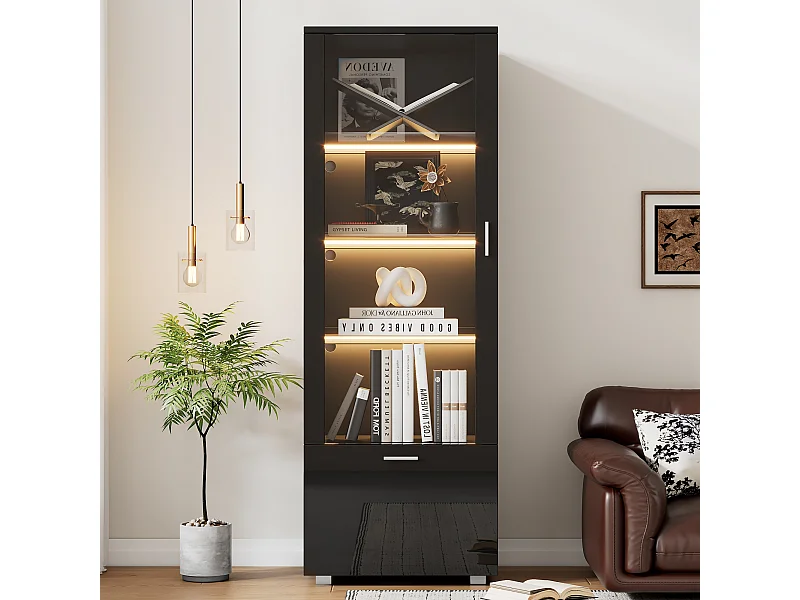 Moderne vitrinekast met glazen deuren, LED, 3 planken, zwart (40x50x160 cm)