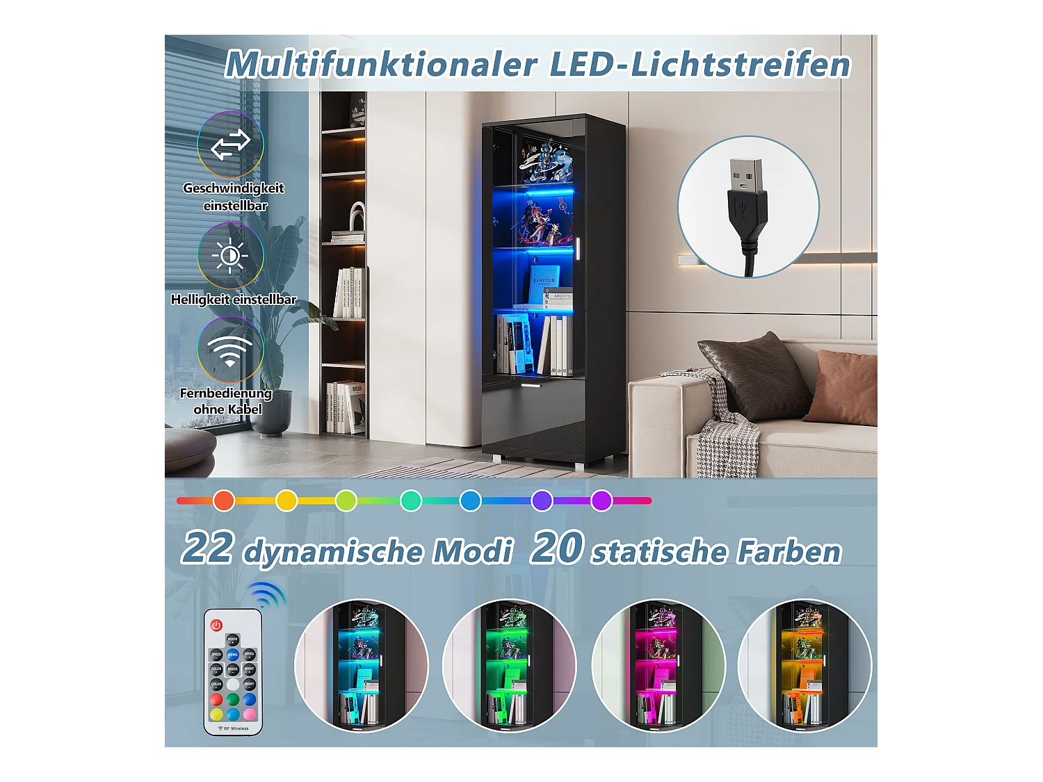 Vitrine moderne avec portes en verre, LED, 3 étagères, noir (40x50x160 cm)