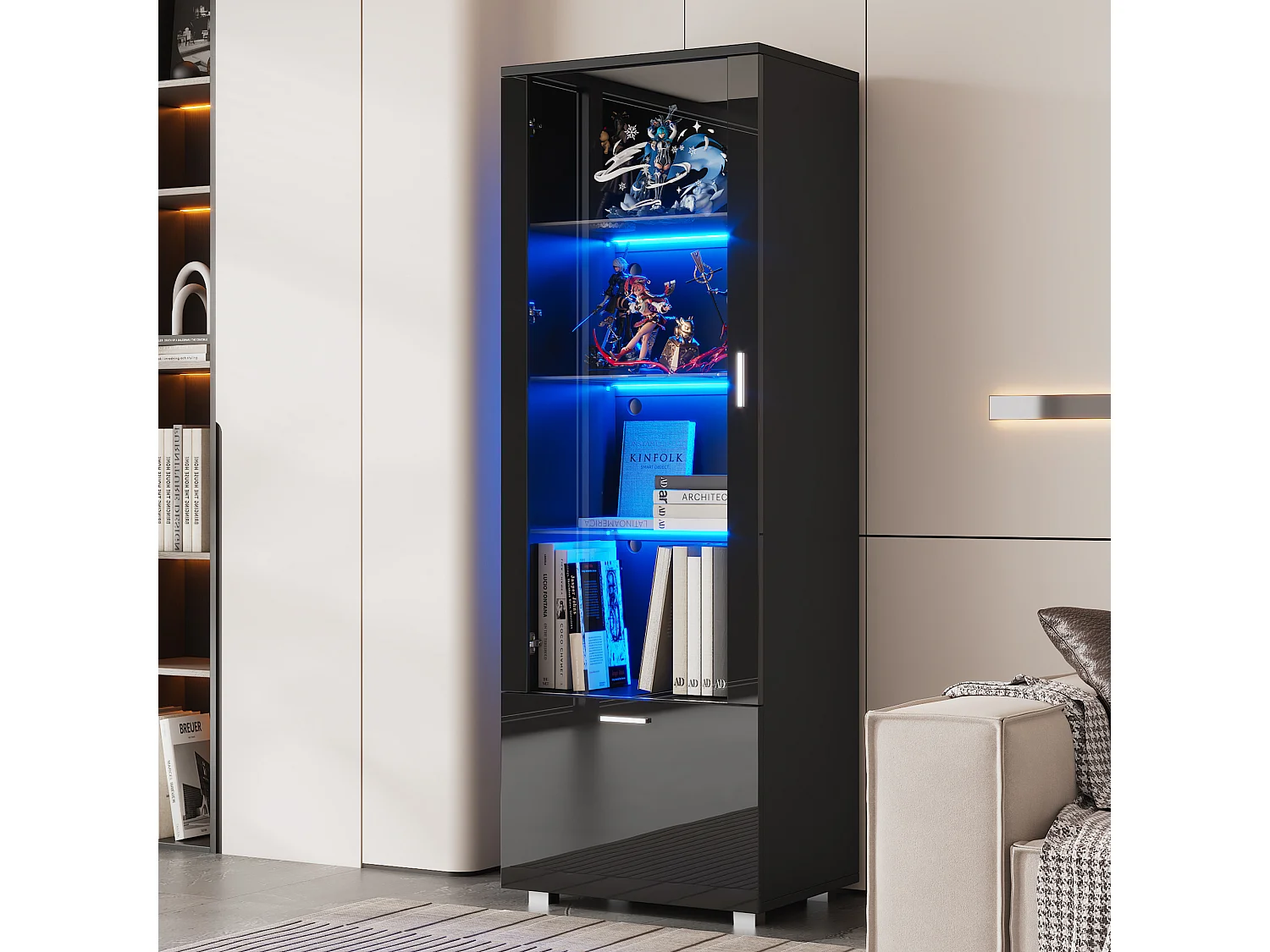 Vitrine moderne avec portes en verre, LED, 3 étagères, noir (40x50x160 cm)