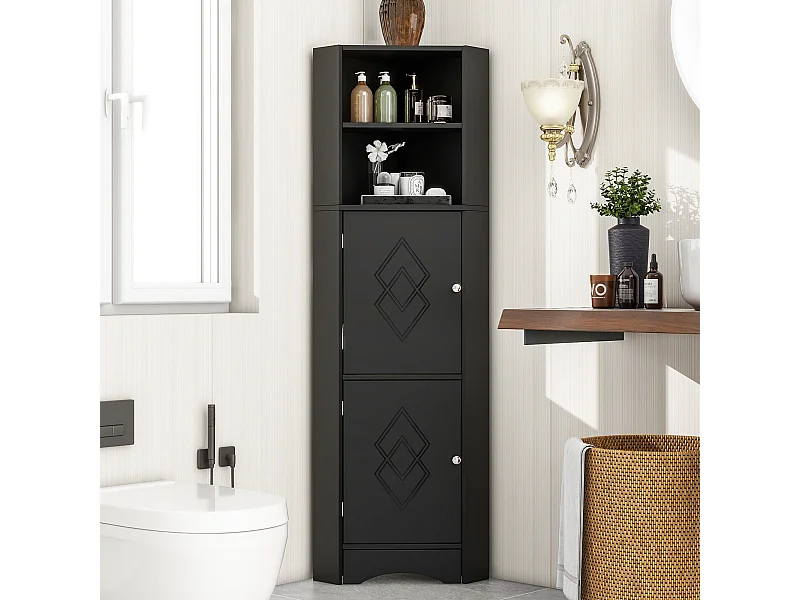 Badkamerhoekkast, met 2 legplanken, modern design, MDF, zwart (36,5x36,5x155 cm)