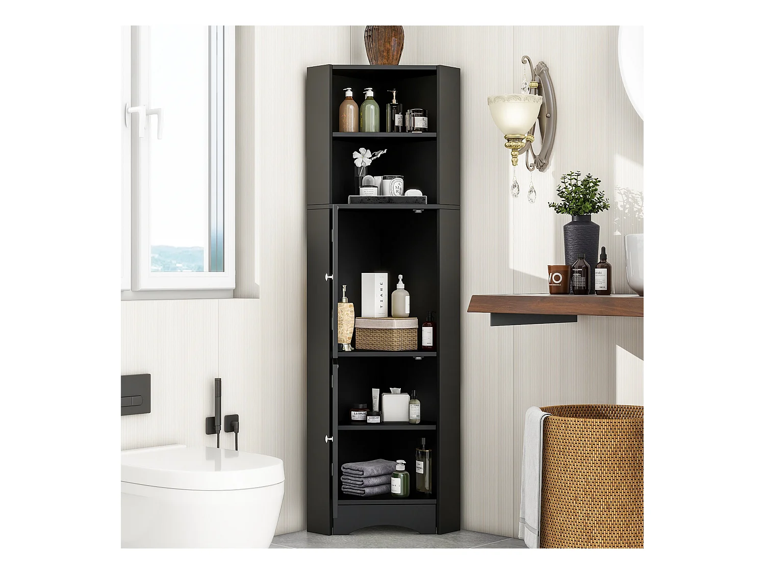 Mobile angolare da bagno, con 2 ripiani, design moderno, MDF, nero (36,5x36,5x155 cm)