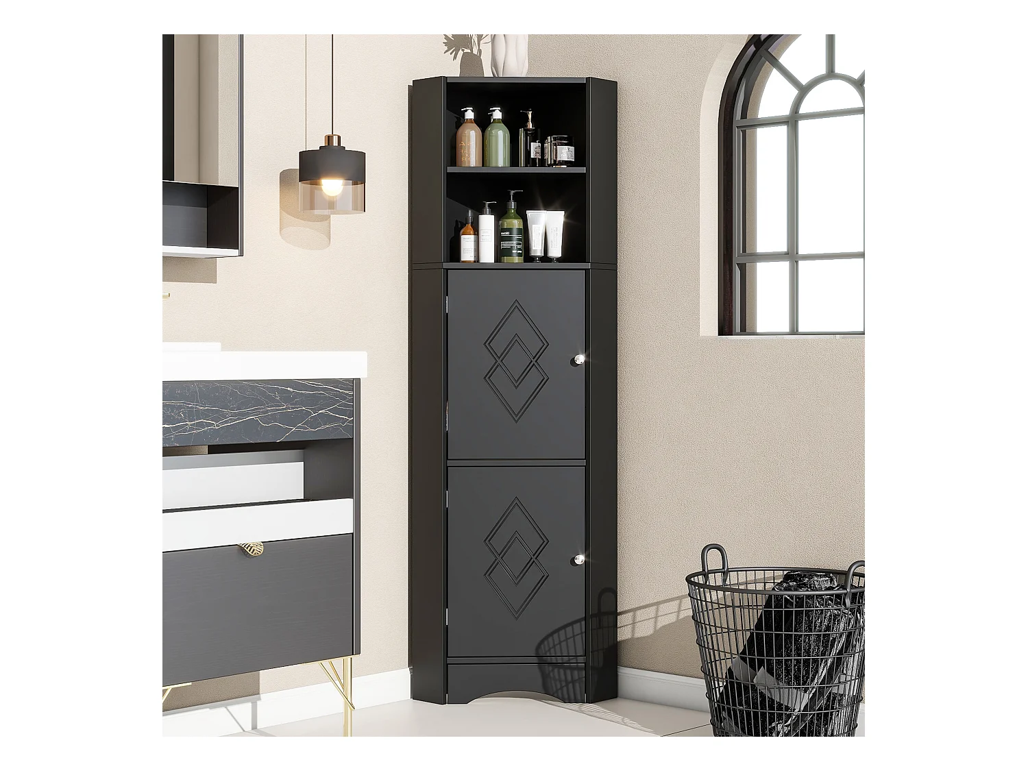 Mobile angolare da bagno, con 2 ripiani, design moderno, MDF, nero (36,5x36,5x155 cm)