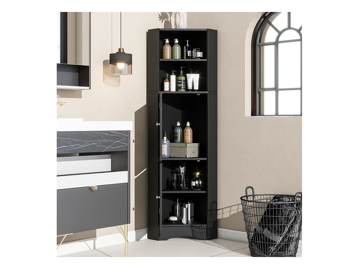 Mobile angolare da bagno, con 2 ripiani, design moderno, MDF, nero (36,5x36,5x155 cm)