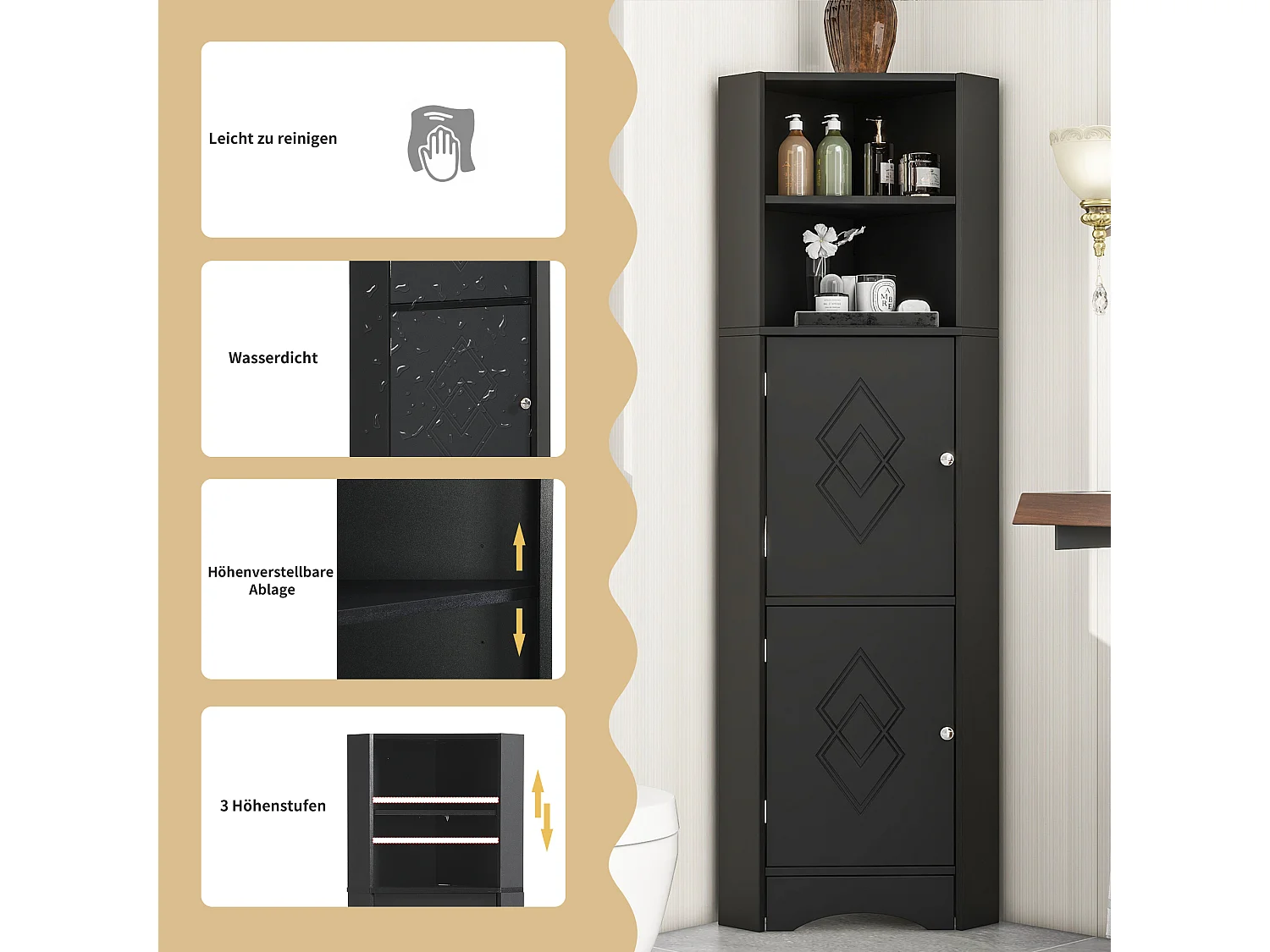 Mobile angolare da bagno, con 2 ripiani, design moderno, MDF, nero (36,5x36,5x155 cm)